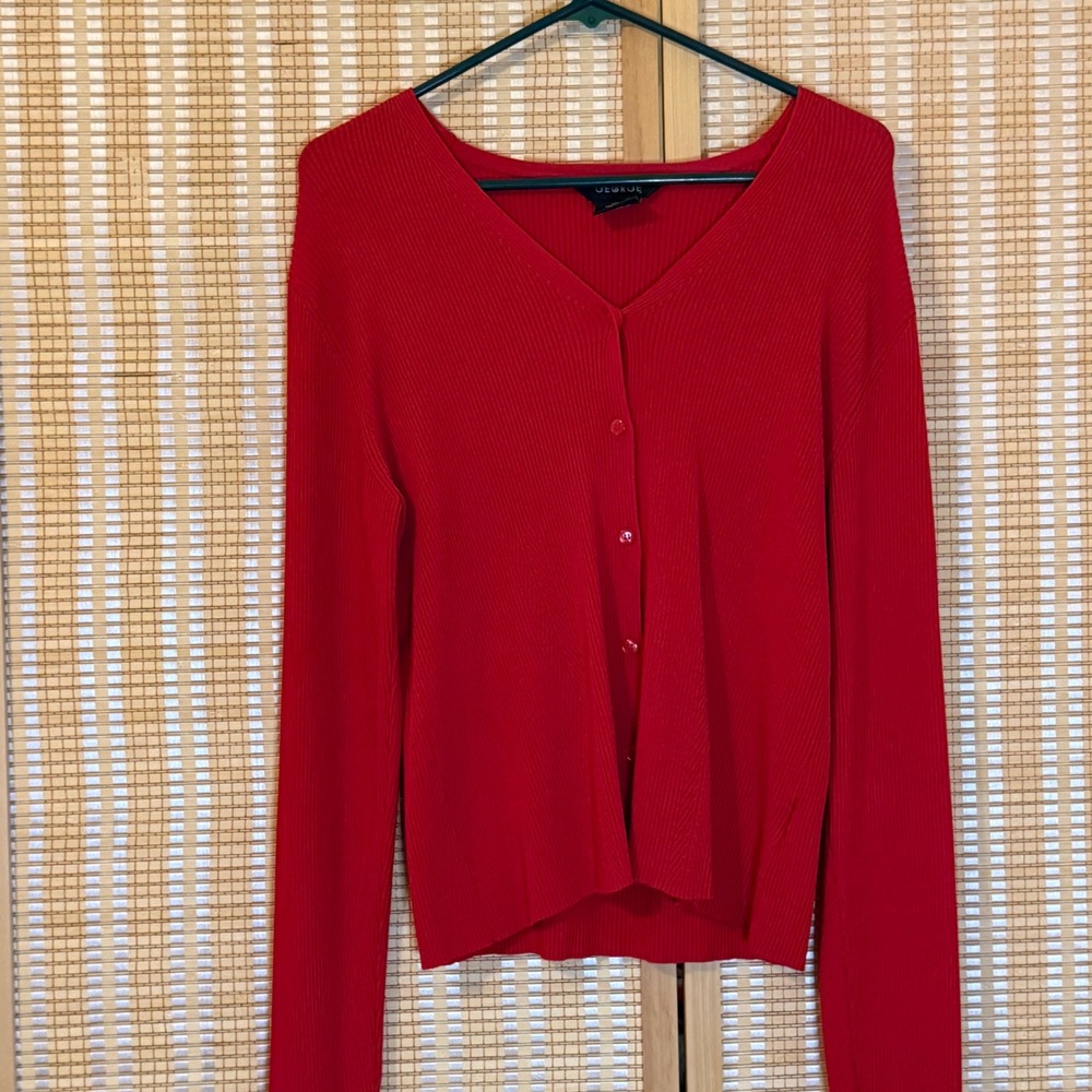 George Womens Red Ribbed V-Neck Cardigan Sweater Size Large 12-14 Long Sleeve